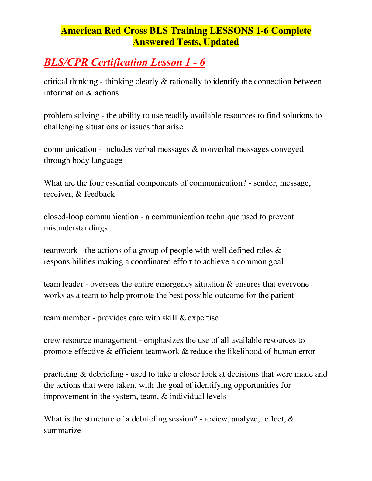 Preview image for American Red Cross BLS Training LESSONS 1-6 Complete Answered Tests, Updated 2023